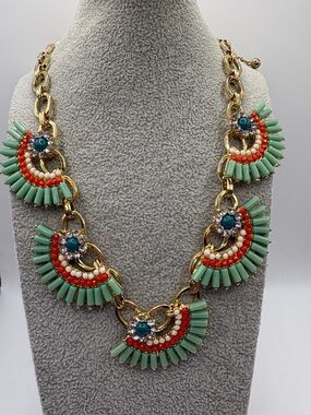 Gold-Tone Fan Statement Necklace with Mint and Coral Beads Link Rhinestones